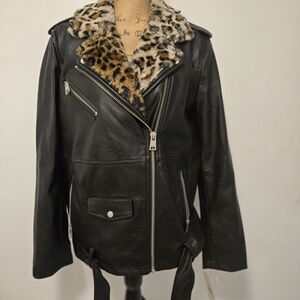 Levi's Black Leather Jacket with Leopard Print Collar